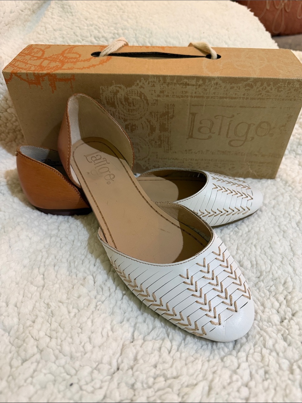 Latigo Two-Tone White and Tan Leather D'Orsay Flats